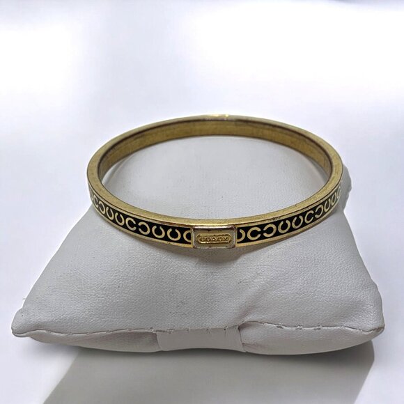 Coach Gold-Tone Black Enamel Bangle Bracelet Signature C Logo Design 2.5" - Picture 2 of 6